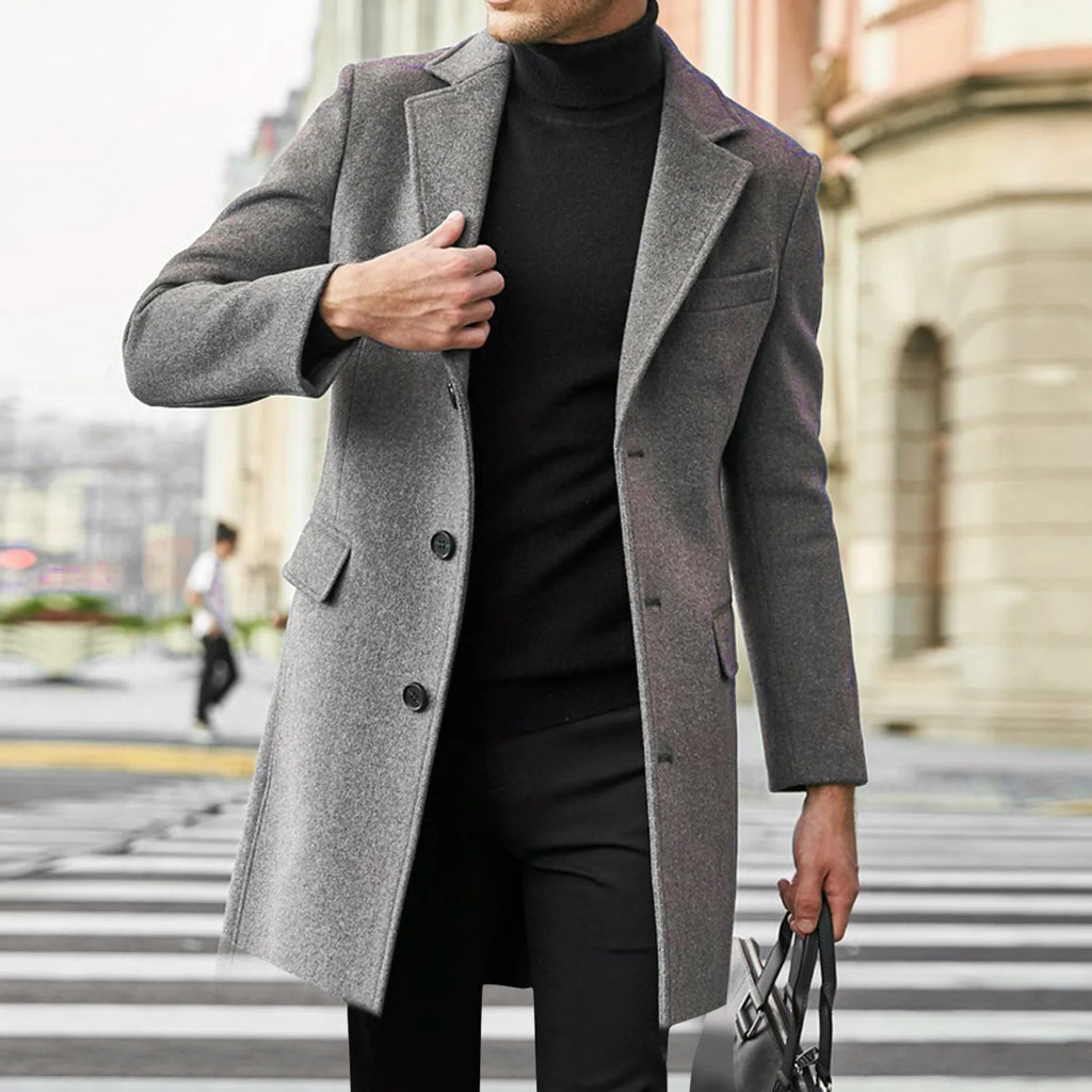 5XL Plus Size Men's Black Wool Blend Overcoat, Mens Thickened Trench Coat, Classic Stand Collar Long Coat Man