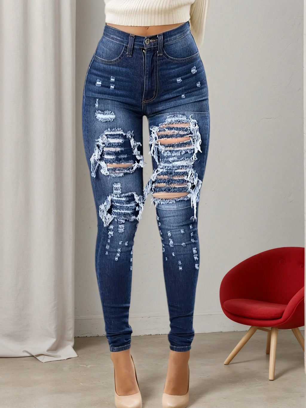2024 new women's high stretch tight jeans, fashionable jeans with torn holes and rough edges, worn by women