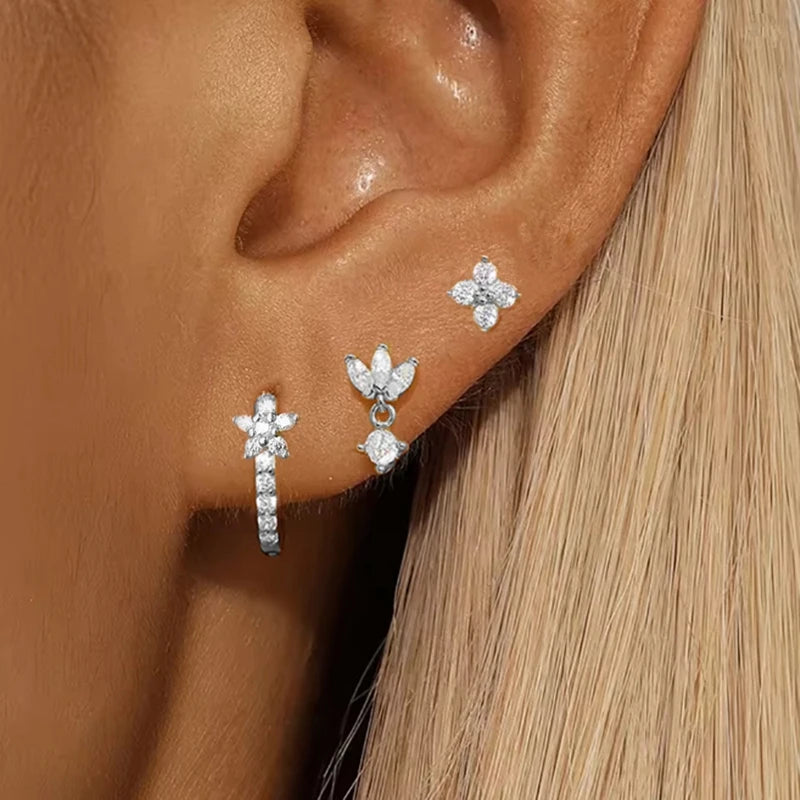 3PCS Flower Huggie Earring Set For Women Tragus Piercing Jewelry Lot Leaf Crystal Cartilage Hoop Earrings Helix Lobe Earing Bulk