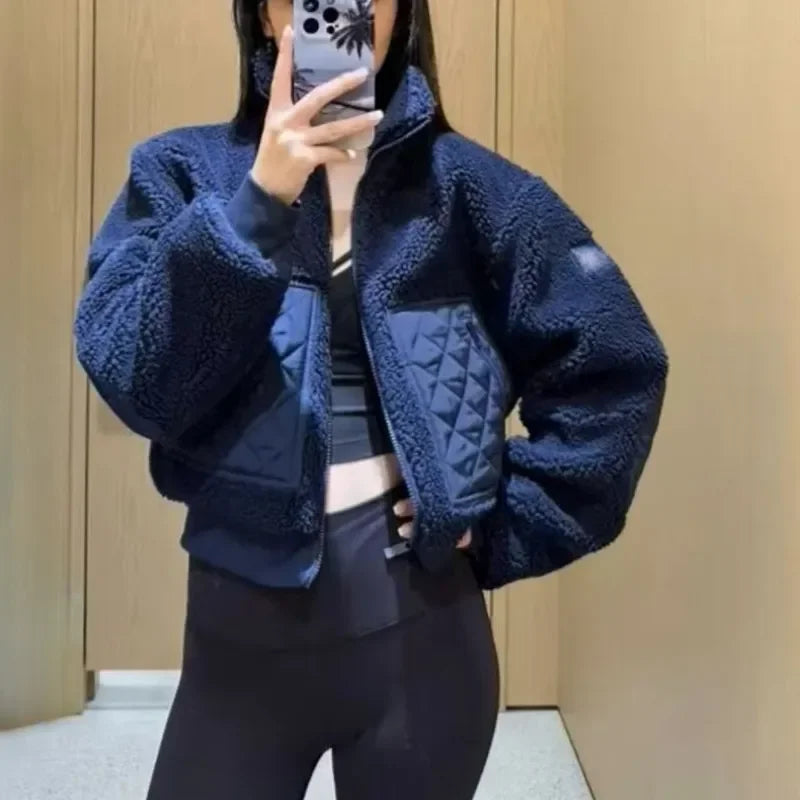 2025 Autumn New Lamb Plush Warm Coat Fashion Stand-up Collar Zipper Winter Jacket Women Outerwear High Waist Thicken Coats