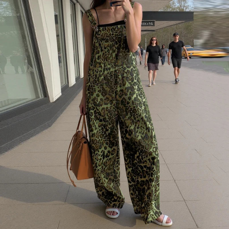 ZANZEA Casual Leopard Print Jumpsuits 2025 Summer Overalls Women Pockets Fashion Wide Leg Pants Loose Streetwear Long Rompers