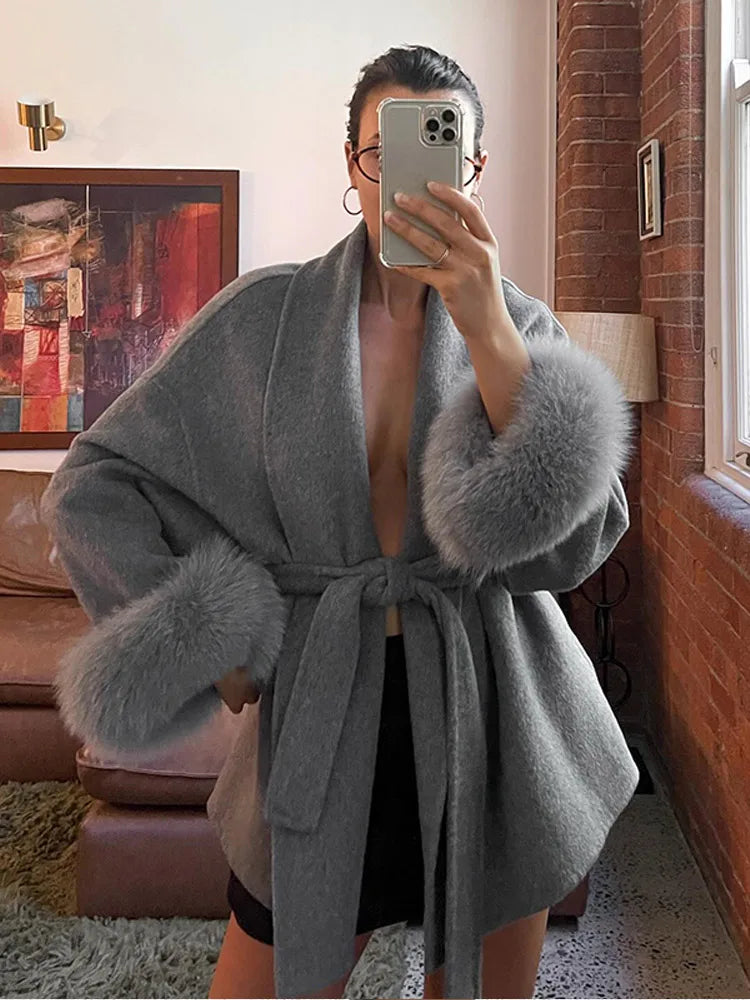 Elegant Lace Up Woolen Coat Women Solid Loose Lapel Furry Belt Long Sleeve Short Jacket 2025 Autumn Winter Lady Cardigan Outwear