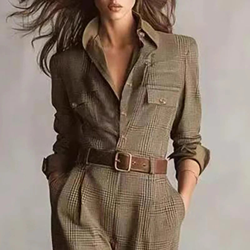 Elegant Button Lapel Shirt Jumpsuits Woman Vintage Plaid Print Pocket Slim Overalls Autumn Long Sleeve Female Clothing Bodysuits