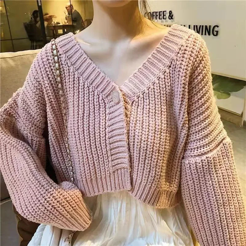 Women's Short Sweater Cardigan Sweet Cute College Style Single Button Knitted Cardigans Autumn Winter Thicken V-Neck Knitweat