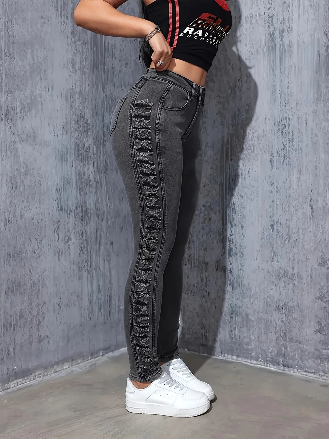 Women's fashionable classic black and gray side layered ripped elastic slim fit and hip-retracted casual nine-point foot jeans