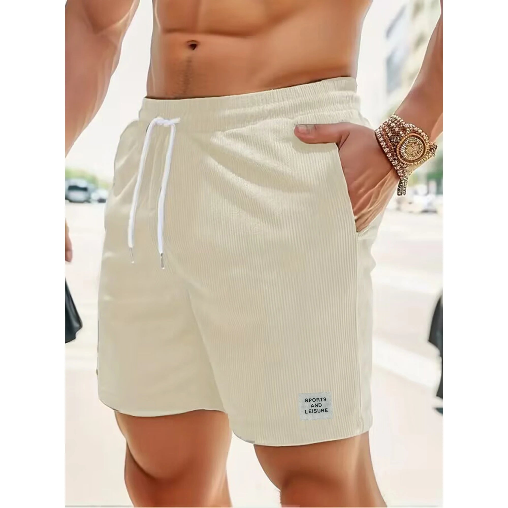 Summer new solid color lace-up sweatpants corduroy simple quarter shorts men's shorts casual pants