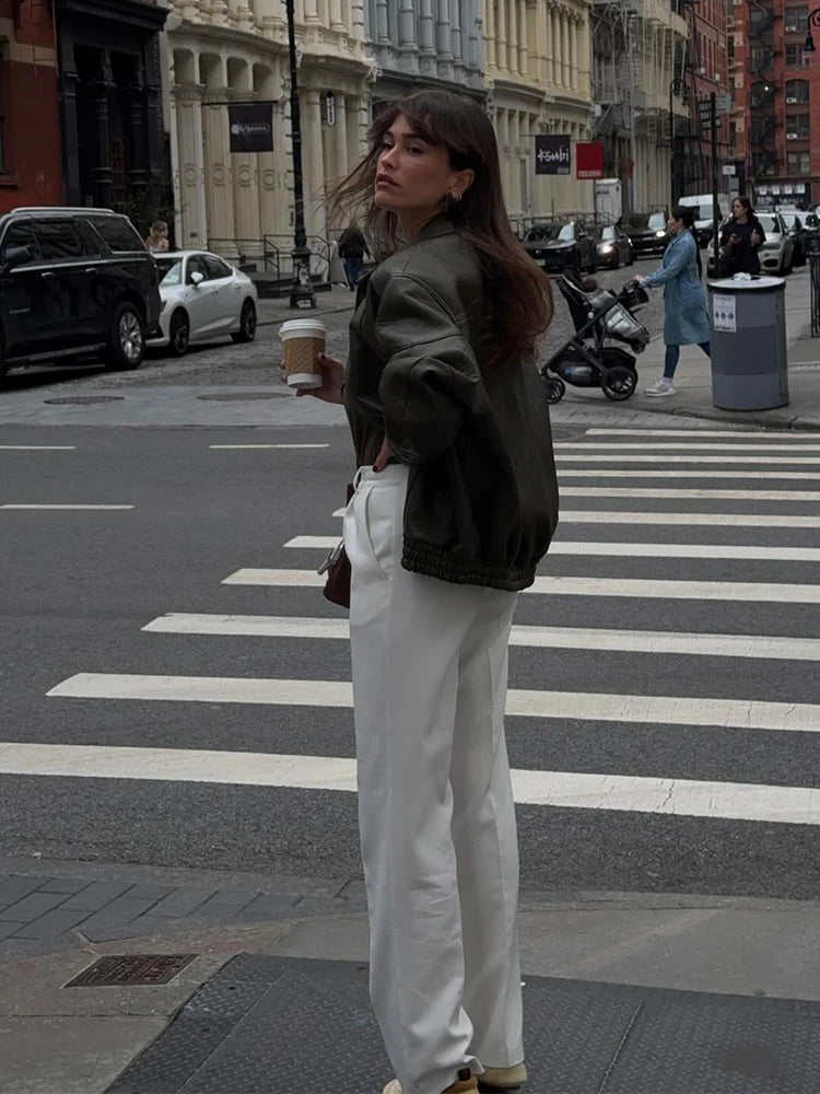 Green Patchwork Leather Short Jacket Women Casual Stand Collar Long Sleeve Loose Mini Coat 2025 Lady Autumn Daily Street Coats