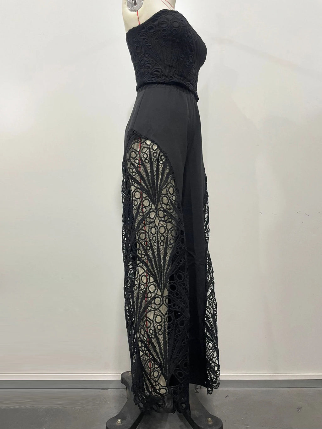 Beyprern Elegant Hollow Out Lace Breast Croset Tube Top And Wide Legs Pants Set Womens Lace Tracksuits Palazzo Set Sexy Clubwear