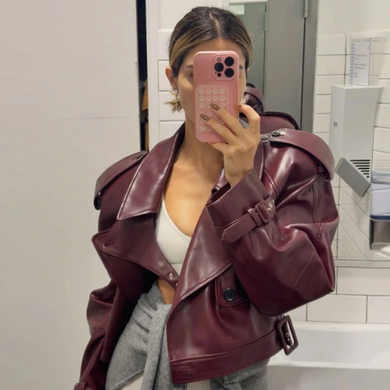 HXAO Cropped Leather Jacket Women's Jacket Autumn 2025 Burgundy Black Outerwears Women's Long Sleeve Top Coat Motorcycle Jacket