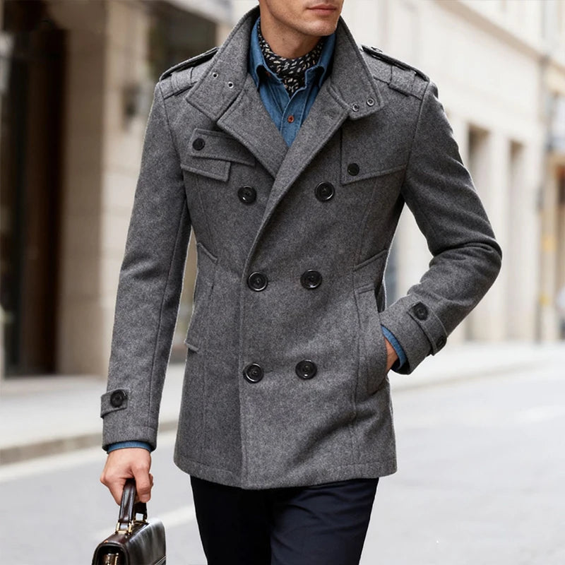 Men's Double-breasted Woolen Overcoat Fashion Solid Color Mid-length Jacket Luxury Light Business Stand Collar Trench Coat M-3XL