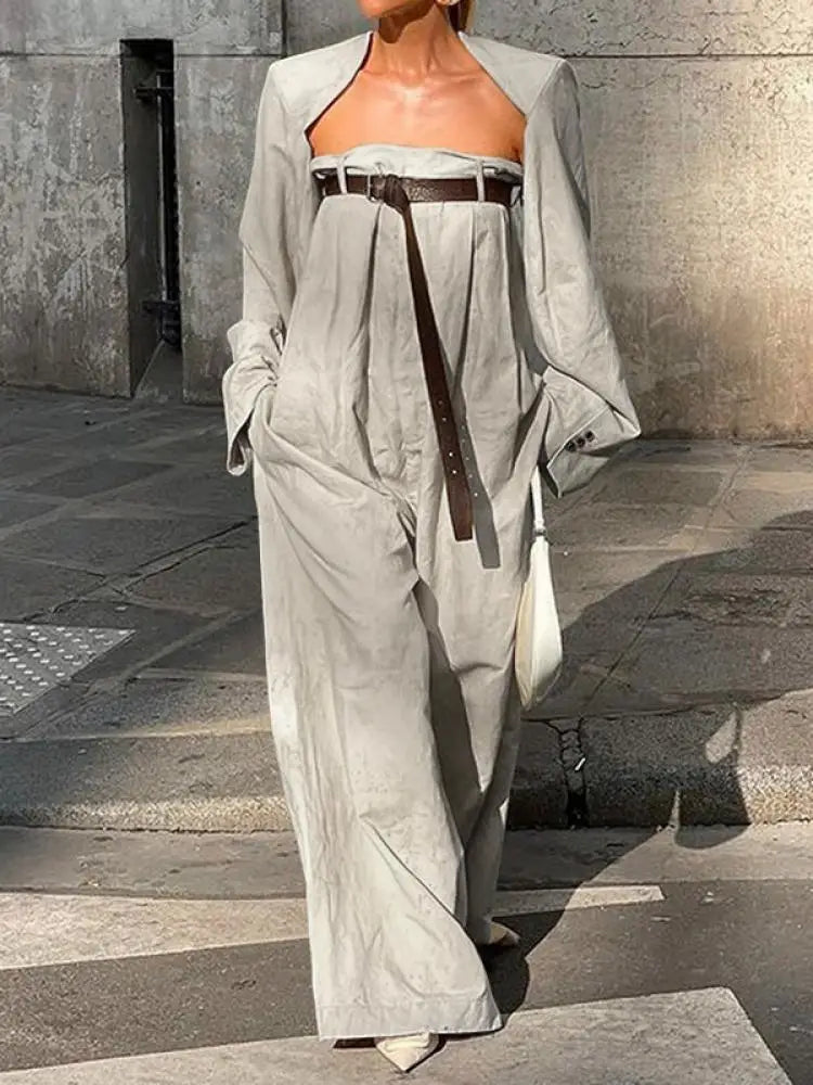 Freeacy 4 Colors Women's Jumpsuit Long Sleeve Outerwear and Belted One-piece Pants Solid Cotton Two-piece Set Loose Fit Coverall