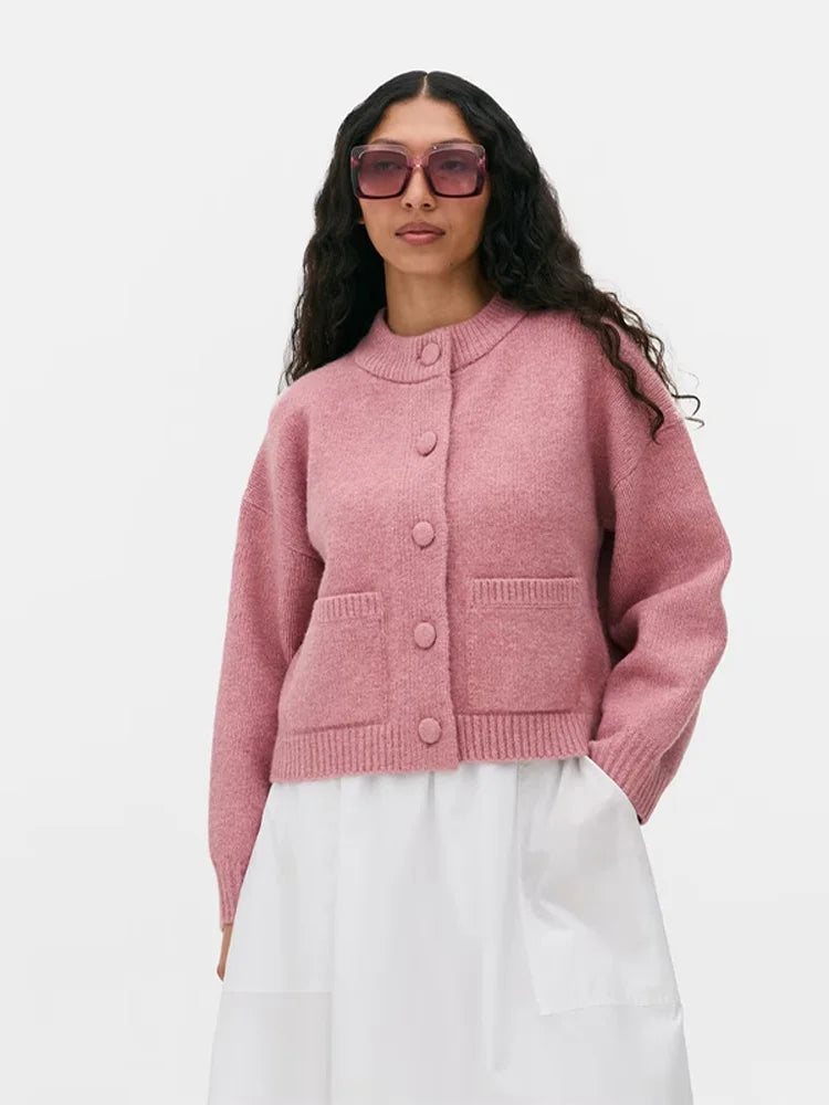 Casual Solid Knitted Cardigan Women O-neck Long Sleeve Single-breasted Pocket Sweater 2025 Autumn Lady Daily Knitwear