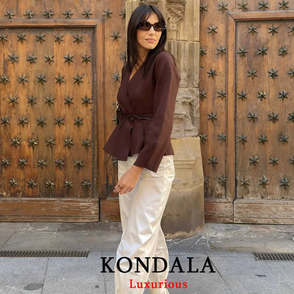 KONDALA Casual Chic Brown Knit Cardigans Women V Neck Long Sleeve Sashes Loose Sweaters Fashion 2025 Fall Winter Office Lady Top
