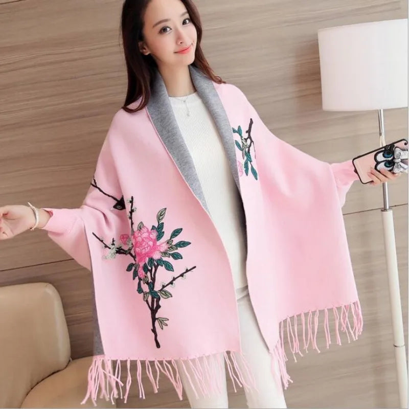 Autumn and winter embroidered cape shawl women's embroidered knitted cardigan tassel knit sweater