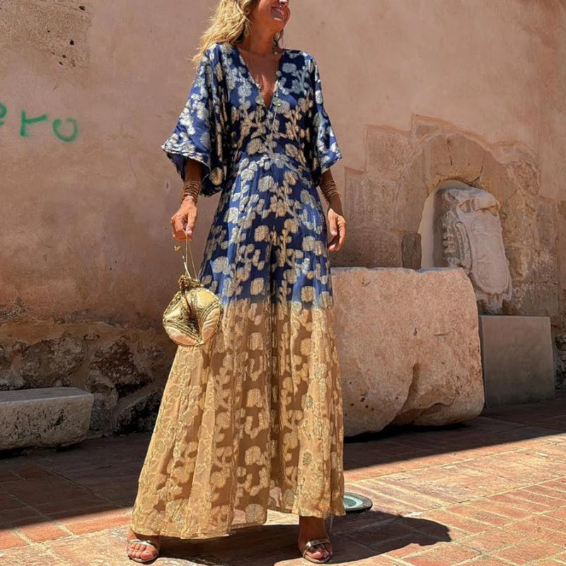 High Street V-neck Loose Slit Pants One Piece Elegant Print Waist 2024 Romper Women Lady Flare Sleeve Hollow Back Beach Jumpsuit