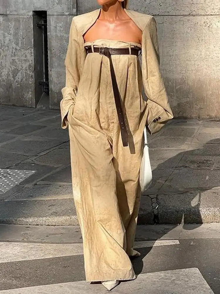 Freeacy 4 Colors Women's Jumpsuit Long Sleeve Outerwear and Belted One-piece Pants Solid Cotton Two-piece Set Loose Fit Coverall