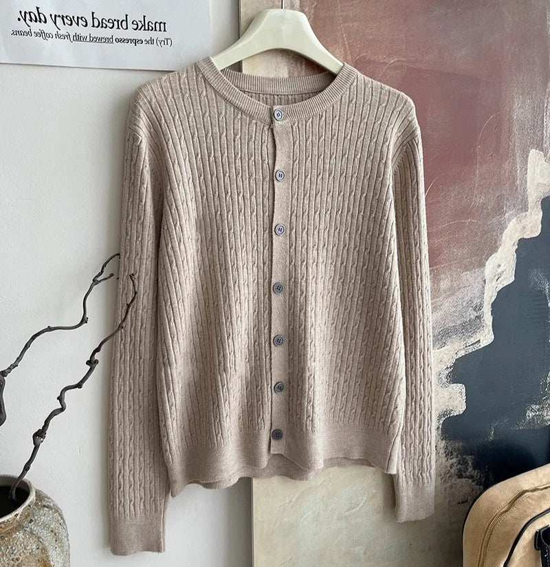 2025 Pure Color Long Sleeve Single Breasted Knitted Sweater Autumn Winter Women's Crew Neck Cardigan New Casual Versatile Tops