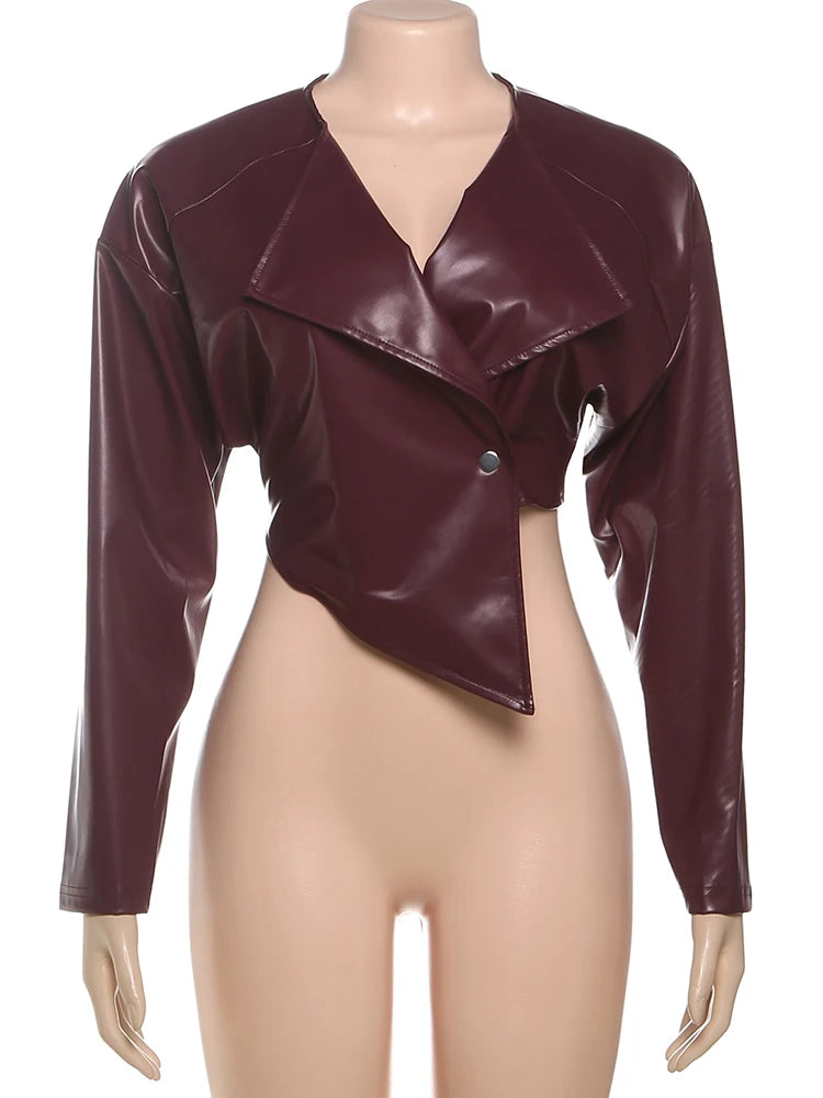 Sisterlinda Faux Leather Single Button Crop Jacket Women Autumn Trend Cross Neck Full Sleeve Wild Style Classic Streetwear Coat
