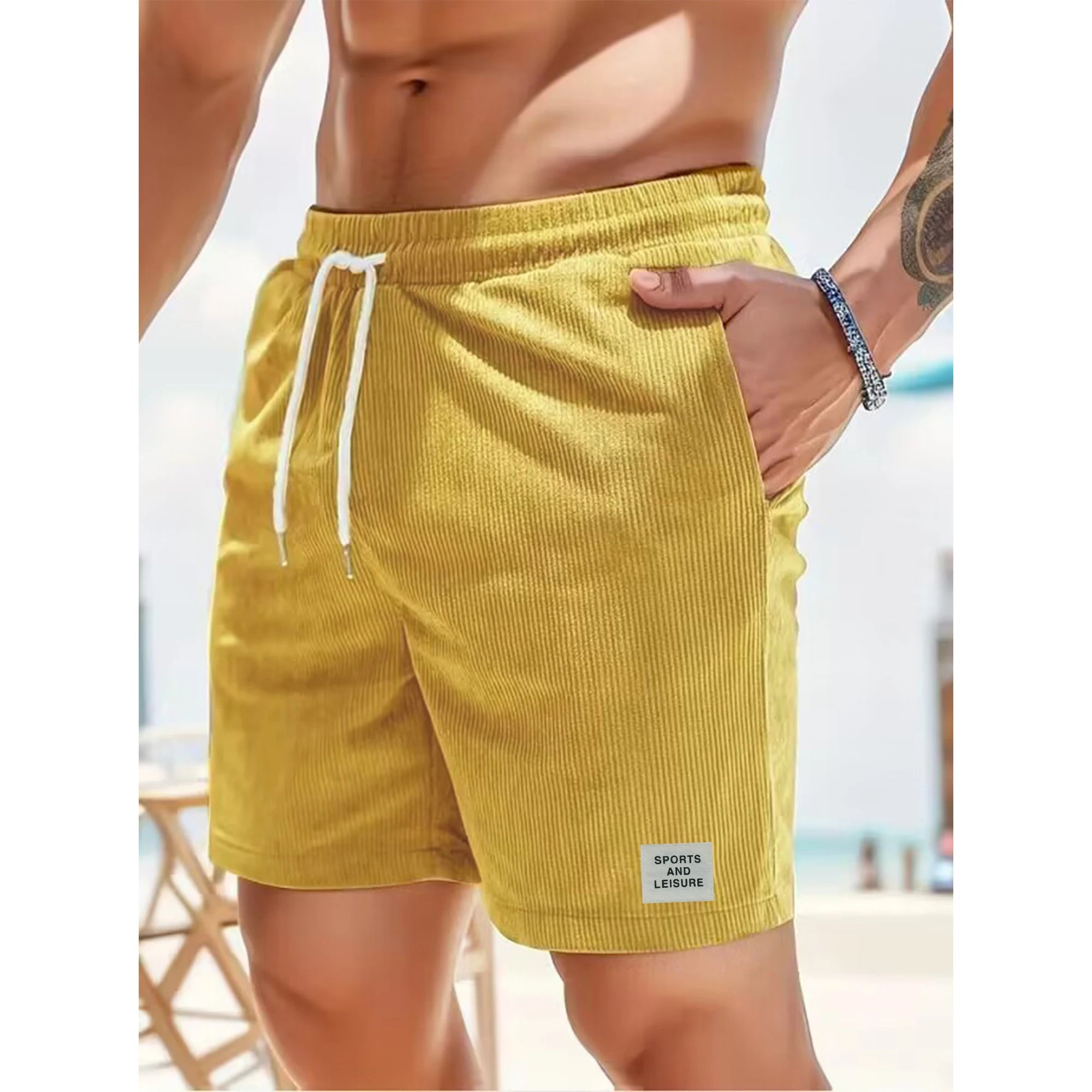 Summer new solid color lace-up sweatpants corduroy simple quarter shorts men's shorts casual pants