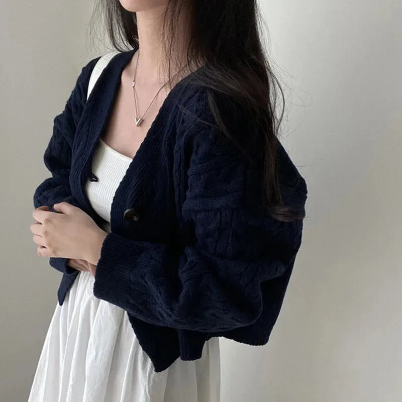 Retro V-neck Twist Design Long-sleeved Short Knitted Cardigan Elegant Solid Sweater Jacket Autumn/Winter New Women's Clothing