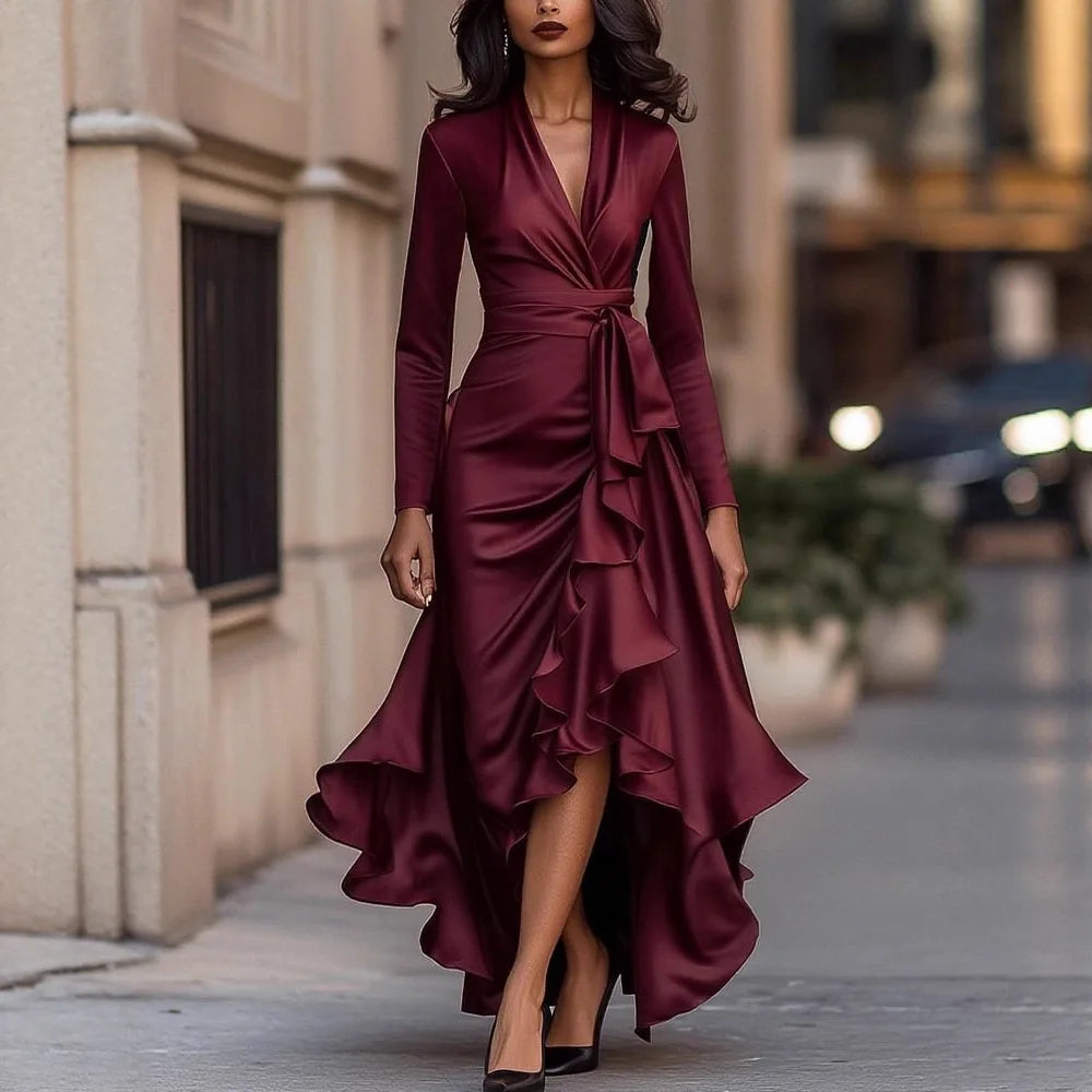 Fashion Satin Spring Autumn Long Sleeve Ruffled Long Sleeve Women's Dress Elegant Woman Slim Fit Irregular Pleated Ruffle Dress