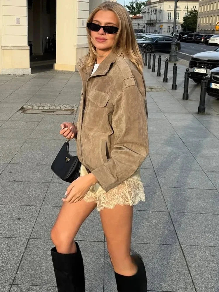 Winter Khaki Suede Leather Women's Jacket Fashion Stand Collar Zippers Pockets Women Coat 2025 Autumn New Female Vintage Outwear