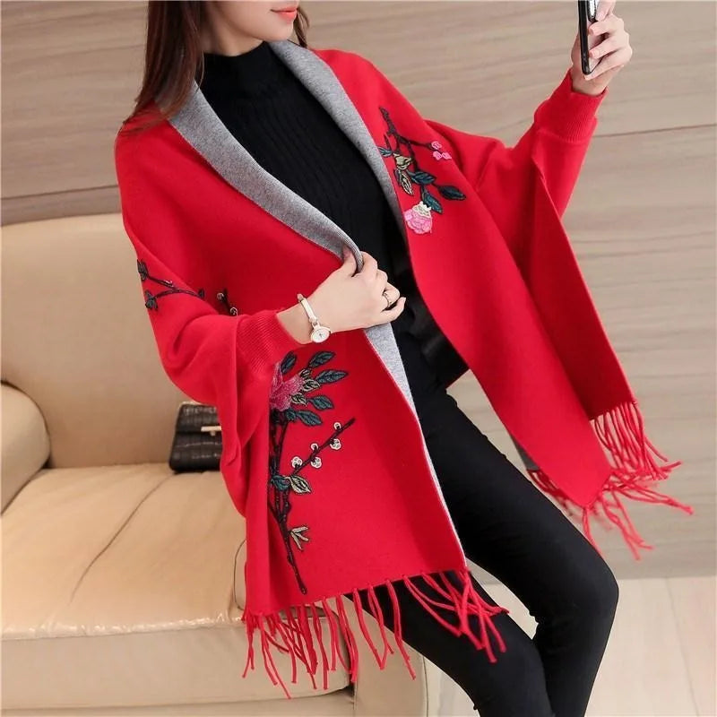 Autumn and winter embroidered cape shawl women's embroidered knitted cardigan tassel knit sweater