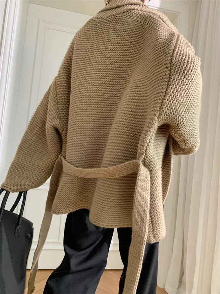 Women's Knitted Lace-Up Belt Cardigan Nightgown Loose Fit Thick White Autumn Winter Sweater Outerwear Fashionable