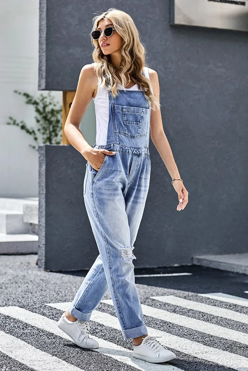 2024 Summer New Women's Strap Pants with Tears, Washed Slim Fit jumpsuit, Strap Pants, Women's Pants