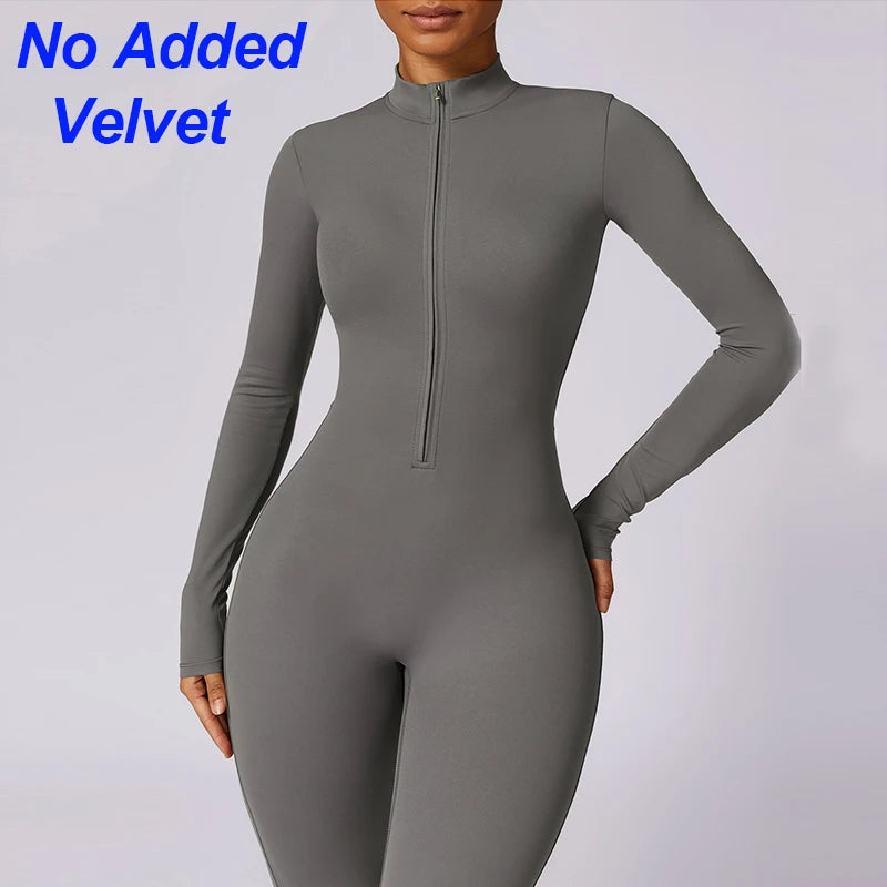 Warm Thin Fleece Jumpsuits Women's Tracksuit Winter One-Piece Sports Suit Black Fitness Jumpsuit Long Sleeves Workout Bodysuit