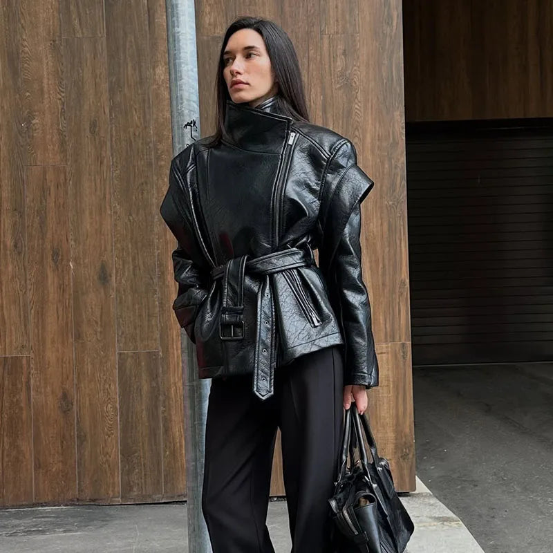 Fashion Solid Leather Jacket Women's Turtleneck Side Zipper Long Sleeve Belted Coat 2025 Autumn New Lady High Street Outerwear