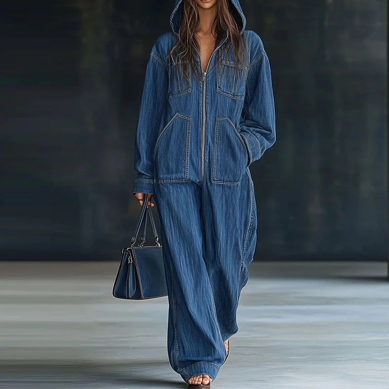 Fashion Zipper Solid Wide Leg Jumpsuits Autumn Hoodies Long Sleeve Pocket Playsuits Overalls Lady Loose Casual Commute Rompers