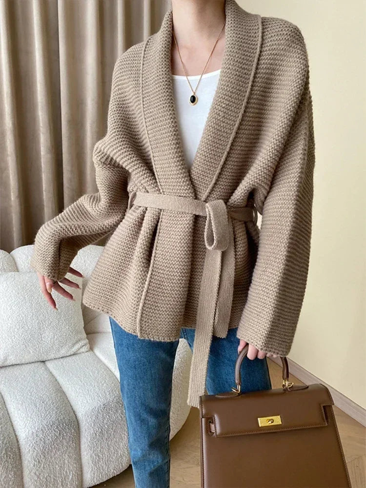 Knitted Cardigan Sweater Loose Lace Up Waist Retraction Oversized Cardigan Autumn New Grey Warm Fashion Coats for Women 2025