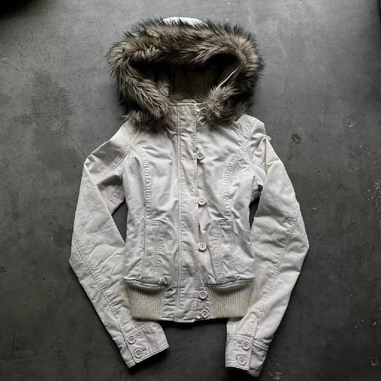 Gothic Y2K Vintage Fur Lined Hooded Jacket Womens White Button Zipper Coat with Faux Fur Trim Fashion Casual Warm Coats