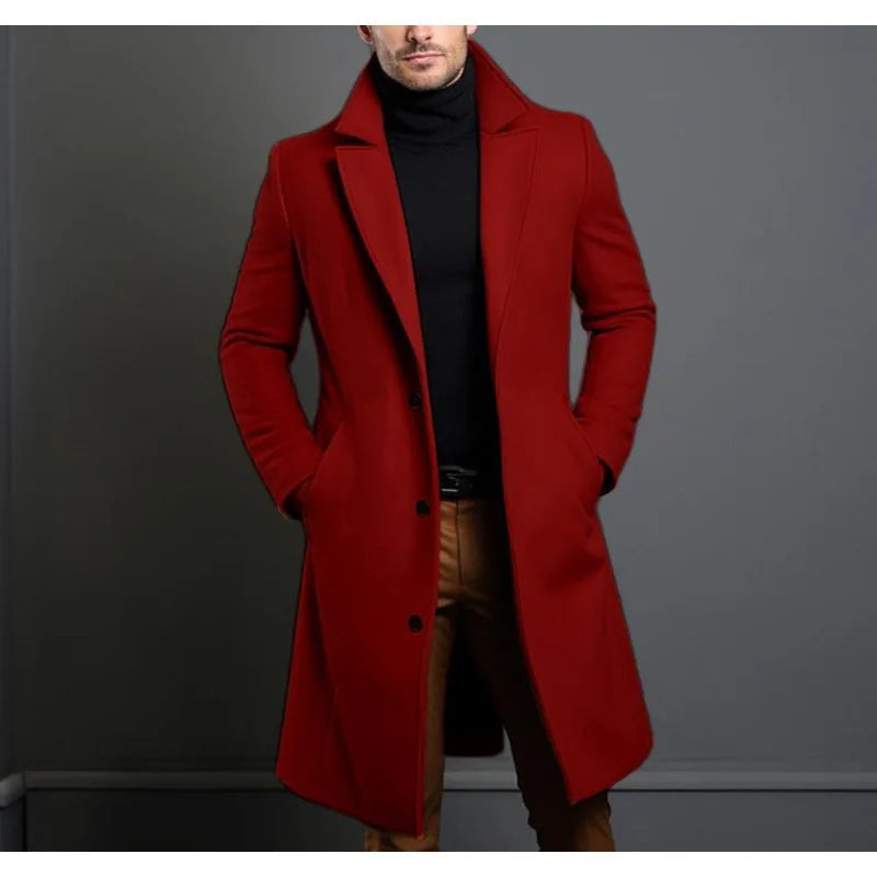 Woolen Coat Men's Long Solid Color Autumn Winter Woolen Coat Warm Youth Coat Trench Cardigan