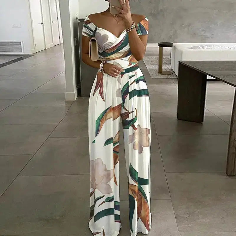 Fashion Print Jumpsuit Women's Short Off Shoulder V-Neck Wide Leg Pants Jumpsuits Female Office Womens Clothing Jumpsuit Summer
