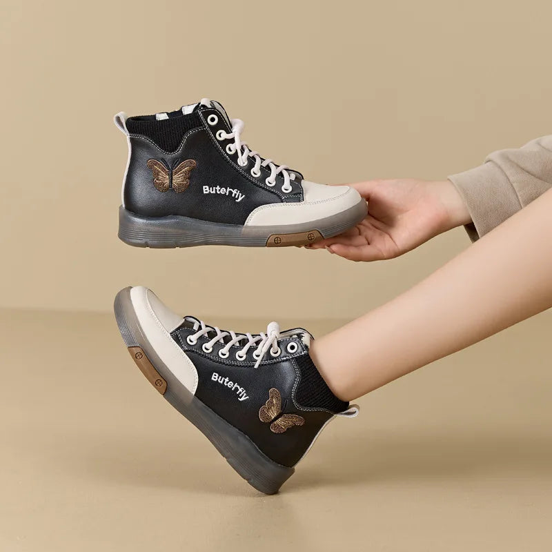 2025 Fashion Women Boots Genuine Leather White Ankle Boots Female Casual Sneakers Plus Size Soft Bottom High Top Women's Shoes