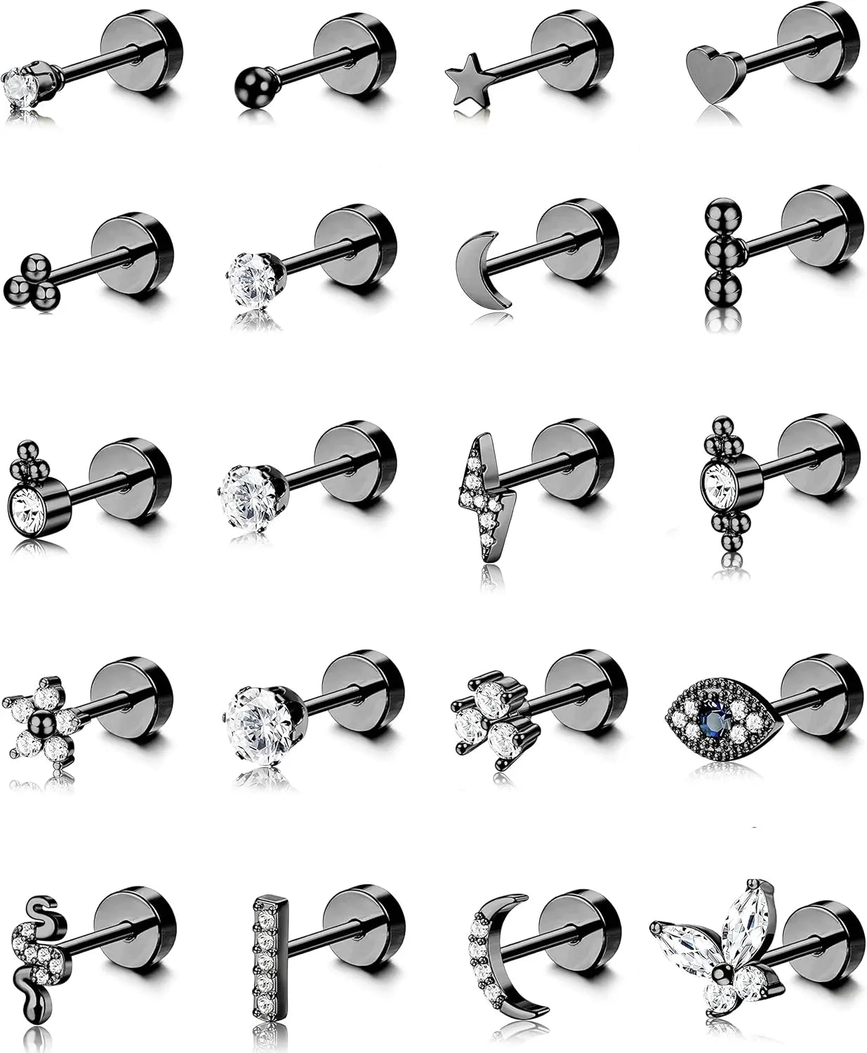 Bobisty 20PCS 20G Small Hypoallergenic Flat Back Stud Earrings Surgical Steel Cartilage Earrings Tiny Ball Heart Star Studs Set