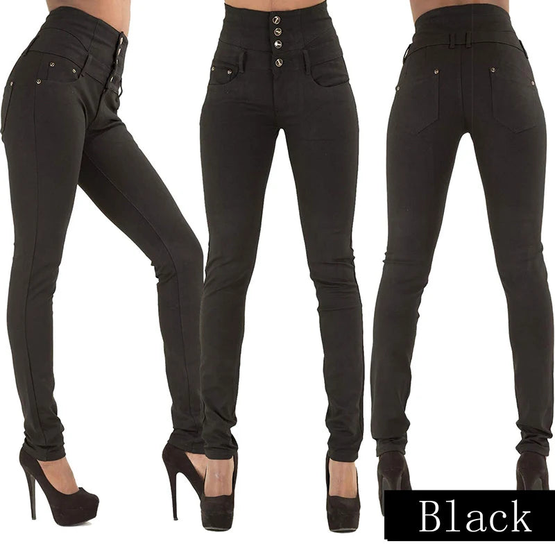 Women Narrow Straight Leg Slim Wrap Hips Jeans Lady Vintage Pencil Long Pants Casual Button Stretch High Waist Skinny Trousers