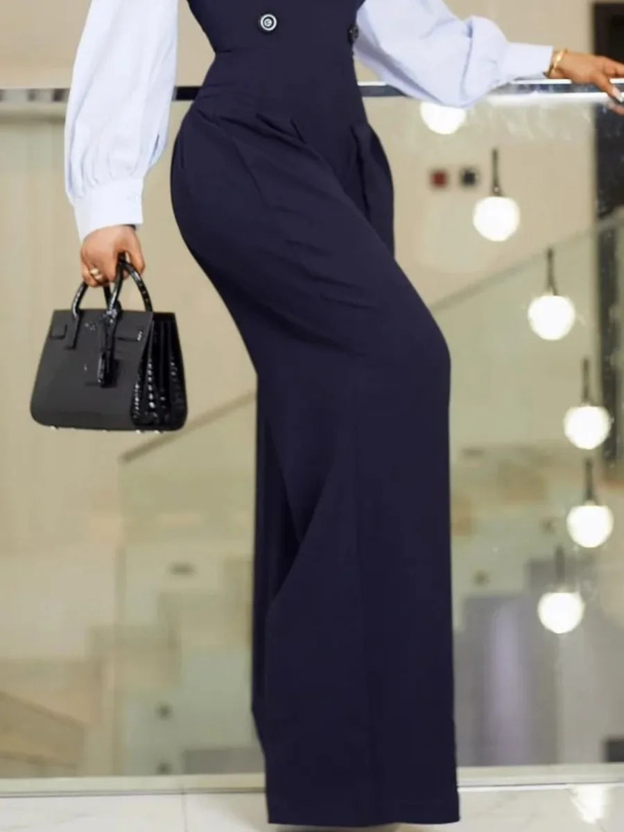 Freeacy Urban Women's Jumpsuit Lapel Collar Long Sleeves Split-join High Waist Loose Overalls Wide Leg Floor Length Jumpsuits