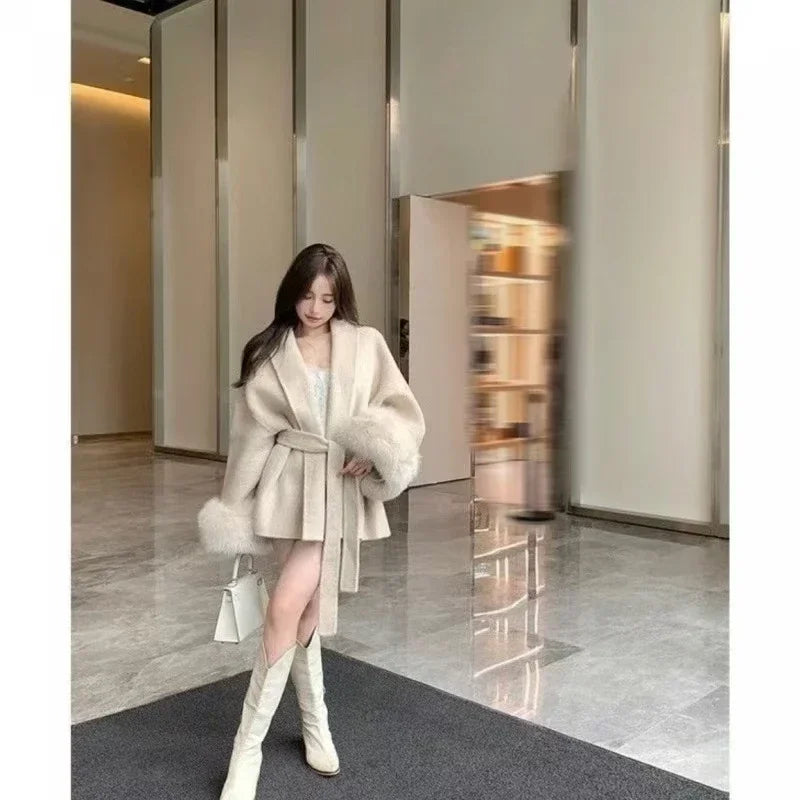 Grey Tie Waist Collection Woolen Coat Women's Autumn and Winter 2024 New Long Sleeved Loose High-end Cape Coat Medium Length Top