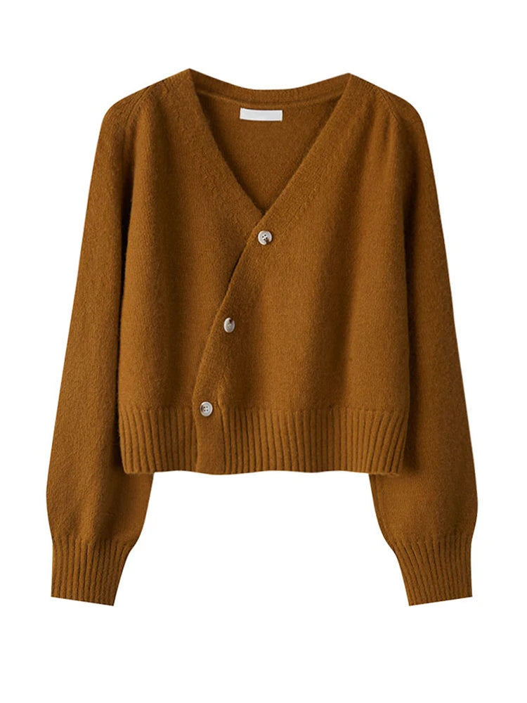 2025 Autumn Winter Skew Button Cardigan V-neck Sweater Women Knitted Long Sleeve Tops Korean Loose Solid Cashmere Woman Sweater