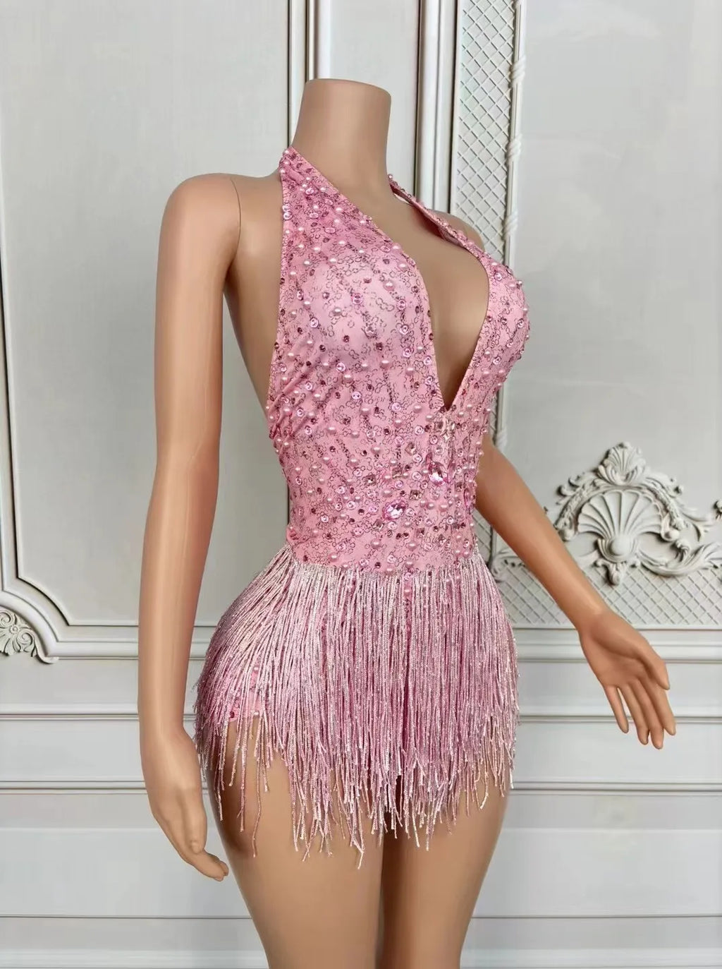 European and American Sexy Deep V Pink Tassel Jumpsuit Gogo Female Singer Stage Collar Dance Costume Car Show Model Performance