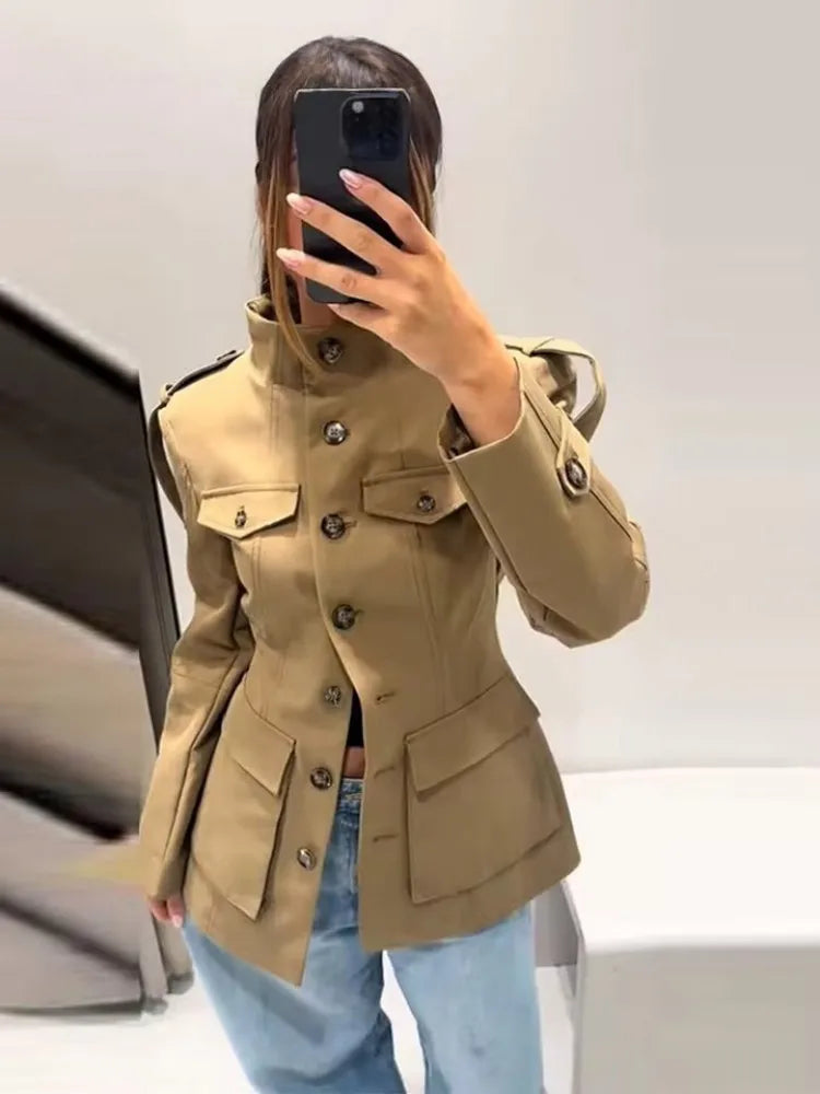 Tidalyf 2025 New Women Casual Jacket High Neck Single Button Shoulder Strap Cuff Strap Pocket Design Chic Fashion Autumn