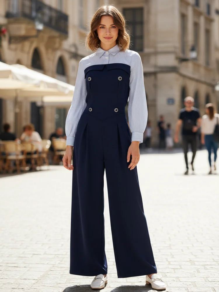 Freeacy Urban Women's Jumpsuit Lapel Collar Long Sleeves Split-join High Waist Loose Overalls Wide Leg Floor Length Jumpsuits