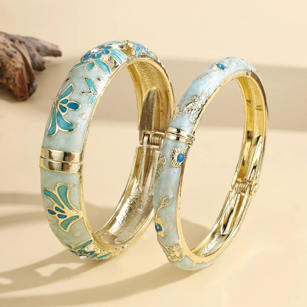 FTCY 2 PCS Enameled Bracelets For Women Vintage Hollowed Small Flower Cloisonne Women's Bangles Party Jewelry Gifts