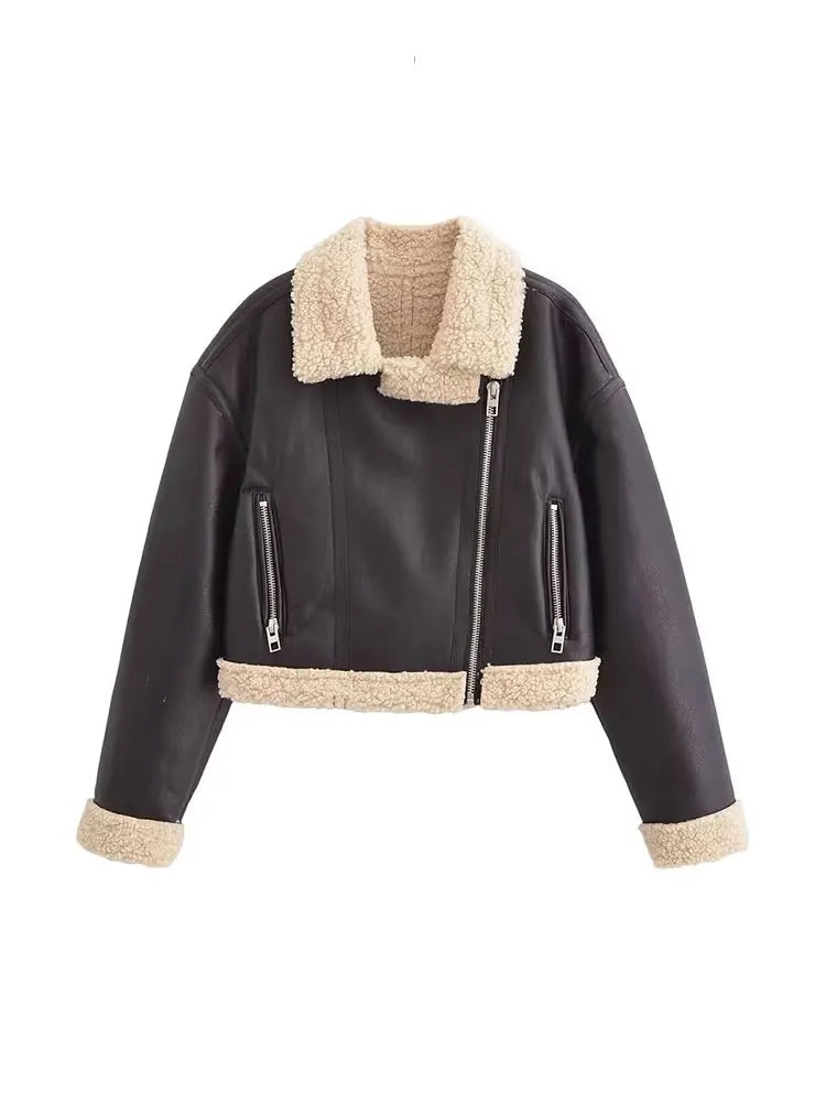 HH Female 2025 Autumn Street Fashion Leather Jacket Causal Lapel Long Sleeves With Pockets Zippers Fly Vintage Coats