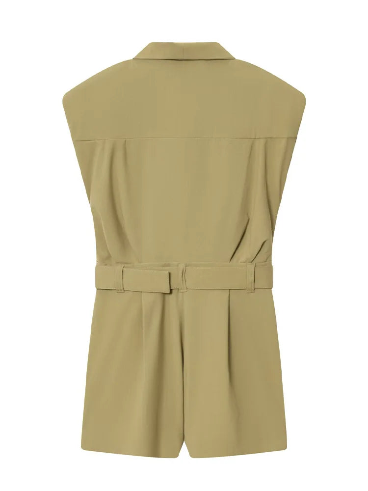 HH Women Fashion Slim Button Shoulder Pad Short Belt Decoration Jumpsuits Women Sexy Solid Sleeveless Zipper Jumpsuit Mujer
