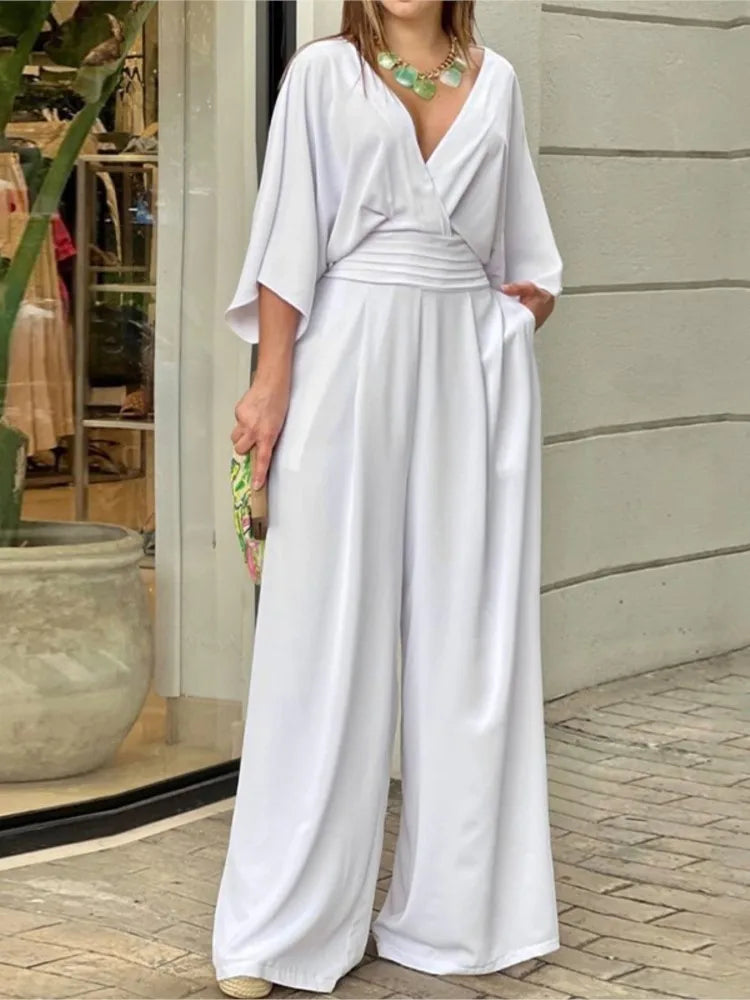 Fashion Solid Jumpsuit Lady V-Neck Pockets High Waist Wide Leg Pants Jumpsuits For Women Elegant Office Jumpsuits Spring Summer