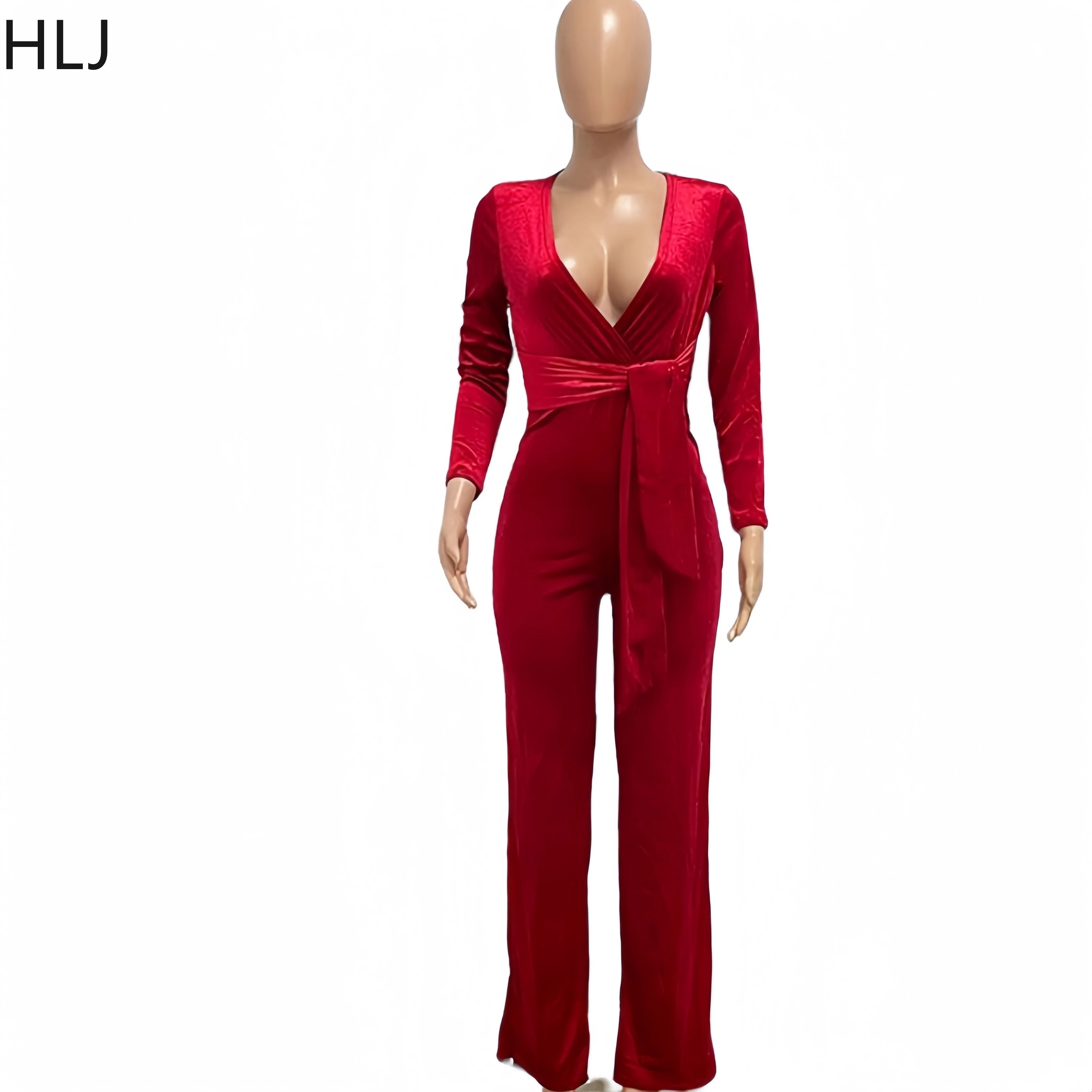 HLJ Elegant Women Velvet Jumpsuits Sexy Deep V Neck One Piece Outfit  Sashes Belted Wide Legs Long Pants Jumpsuit Party Clubwear